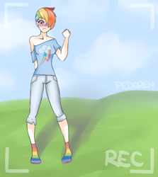 Size: 800x895 | Tagged: dead source, safe, artist:pedoren, rainbow dash, human, blushing, camera, camera shot, clothes, humanized, light skin, missing shoes, off shoulder, rainbow socks, socks, solo, striped socks