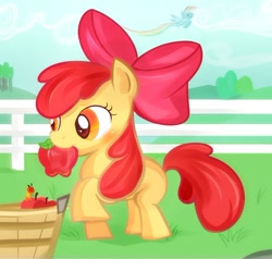Size: 526x501 | Tagged: safe, artist:kiisuke, apple bloom, rainbow dash, pegasus, pony, worm, apple, blushing, femce, mouth hold, pixiv
