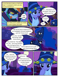 Size: 612x792 | Tagged: safe, artist:newbiespud, edit, edited screencap, screencap, princess luna, rainbow dash, twilight sparkle, unicorn twilight, alicorn, pegasus, pony, unicorn, comic:friendship is dragons, luna eclipsed, cloak, clothes, comic, costume, dialogue, ethereal mane, fake beard, full moon, goggles, hat, implied rarity, moon, night, sad, screencap comic, shadowbolt dash, shadowbolts, shadowbolts costume, star swirl the bearded costume, starry mane, stars, thinking, tongue out, wizard hat