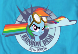 Size: 1245x865 | Tagged: safe, artist:samoht-lion, rainbow dash, pegasus, pony, 20% cooler, bust, female, flying, goggles, logo, mare, rainbow, smiling, smirk, solo, t shirt design