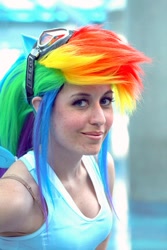 Size: 683x1024 | Tagged: safe, artist:scruffyrebel, rainbow dash, human, cosplay, irl, irl human, photo, solo