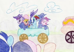 Size: 1673x1168 | Tagged: safe, derpibooru import, applejack, mare do well, pinkie pie, rainbow dash, twilight sparkle, earth pony, pegasus, pony, alex warlorn, crowd, fanfic, fanfic art, float, hot dog, parade, pony pov series, ponyville, reharmonized ponies