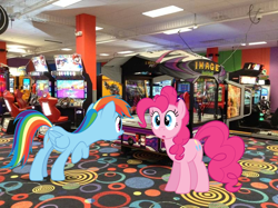 Size: 800x598 | Tagged: safe, derpibooru import, pinkie pie, rainbow dash, arcade, bloomingdale, irl, mario, photo, ponies in real life, round1 bowling & amusement, stratford square mall, transformers, vector