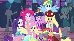 Size: 1280x720 | Tagged: safe, derpibooru import, screencap, applejack, fluttershy, pinkie pie, rainbow dash, rarity, scott green, spike, tennis match, thunderbass, twilight sparkle, velvet sky, dog, equestria girls, equestria girls (movie), background human, balloon, boots, bracelet, cowboy boots, fall formal, fall formal outfits, hat, high heel boots, jewelry, ponied up, ponytail, sleeveless, sparkles, spike the dog, this is our big night, top hat, wings