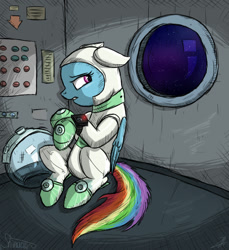 Size: 550x600 | Tagged: safe, artist:shimazun, derpibooru import, rainbow dash, pegasus, pony, astrodash, astronaut, clothes, lost, singing in the comments, solo, space, spacesuit, worried