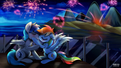 Size: 1800x1012 | Tagged: safe, artist:renciel, derpibooru import, rainbow dash, oc, oc:swift flying, pegasus, pony, canon x oc, fireworks, kissing, night, shipping