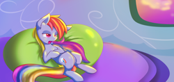 Size: 1024x484 | Tagged: safe, artist:dusthiel, derpibooru import, rainbow dash, pegasus, pony, beanbag chair, lighting, open mouth, solo, tired