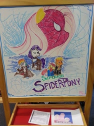 Size: 3264x2448 | Tagged: safe, derpibooru import, apple bloom, applejack, fluttershy, rainbow dash, rarity, cosplay, irl, lone star comics, marvel, photo, sideways photo, spider-man, traditional art, whiteboard