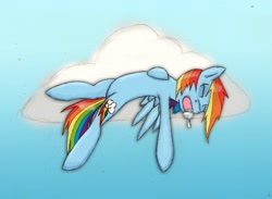 Size: 2982x2179 | Tagged: safe, artist:xenalollie, rainbow dash, pegasus, pony, cloud, drool, sleeping, solo