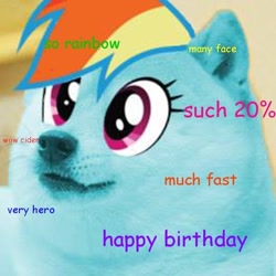 Size: 528x528 | Tagged: safe, rainbow dash, barely pony related, doge, happy birthday, meme, shiba inu, shibe, solo, wow