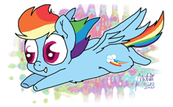 Size: 1024x632 | Tagged: safe, artist:natalistudios, rainbow dash, pegasus, pony, chibi, female, flying, signature, simple background, smiling, solo, transparent background