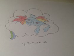 Size: 960x720 | Tagged: safe, rainbow dash, pegasus, pony, cloud, simple background, traditional art, white background