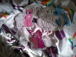 Size: 2592x1944 | Tagged: safe, derpibooru import, pinkie pie, rainbow dash, rarity, twilight sparkle, twilight sparkle (alicorn), alicorn, pony, bedsheets, cardboard cutout, colored, cutout, female, heart, irl, mare, merchandise, photo, stars