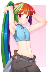 Size: 1040x1477 | Tagged: safe, artist:hazama, edit, rainbow dash, human, :<, akatsuki (log horizon), anime color edit, armpits, belly button, breasts, clothes, delicious flat chest, female, humanized, light skin, log horizon, looking at you, midriff, pants, ponytail, rainbow flat, shirt, solo