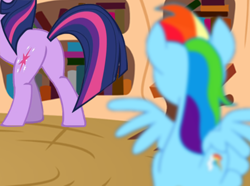 Size: 442x328 | Tagged: safe, screencap, rainbow dash, twilight sparkle, pegasus, pony, female, lesbian, out of context, plot, twidash, wingboner