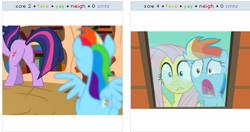 Size: 520x274 | Tagged: safe, fluttershy, rainbow dash, twilight sparkle, pegasus, pony, exploitable meme, juxtaposition, juxtaposition win, meme, plot