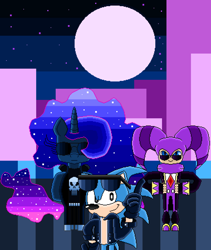 Size: 3790x4480 | Tagged: safe, artist:superhypersonic2000, princess luna, alicorn, pony, city, clothes, crossover, jacket, moon, night, nights, nights into dreams, pixel art, sonic the hedgehog, sonic the hedgehog (series), sunglasses