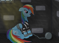 Size: 894x650 | Tagged: safe, artist:ajfive, rainbow dash, pegasus, pony, ball and chain, bound wings, clothes, prison, prison outfit, prison stripes, prisoner rd, sad, shackles, solo