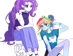 Size: 771x592 | Tagged: safe, artist:dusty-munji, rainbow dash, rarity, equestria girls, :3, clothes, duo, long hair, ponytail, shorts, simple background, skirt, white background