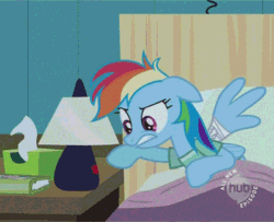 Size: 400x324 | Tagged: safe, edit, edited screencap, screencap, rainbow dash, pegasus, pony, read it and weep, animated, bed, countdown, cropped, floppy ears, hospital bed, hub logo, lamp, light switch, off, on, solo