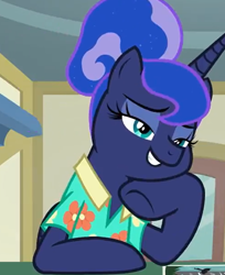 Size: 500x612 | Tagged: safe, screencap, princess luna, alicorn, pony, between dark and dawn, clothes, cropped, cute, hawaiian shirt, hoof on chin, lidded eyes, lunabetes, post office, shirt, smiling, solo