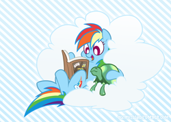 Size: 900x640 | Tagged: safe, artist:egophiliac, daring do, rainbow dash, tank, pegasus, pony, tortoise, book, cloud, duo, hug, reading, smiling