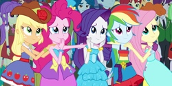 Size: 1280x640 | Tagged: safe, derpibooru import, screencap, applejack, fluttershy, pinkie pie, rainbow dash, rarity, equestria girls, fall formal, fall formal outfits