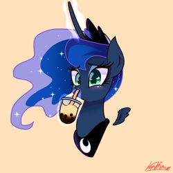 Size: 768x768 | Tagged: safe, artist:nanima, princess luna, alicorn, pony, bubble tea, bust, crown, curved horn, female, floating wings, horn, jewelry, mare, regalia, simple background, solo, wings