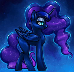 Size: 823x800 | Tagged: safe, artist:thrimby, princess luna, alicorn, pony, digital art, eyeshadow, female, makeup, mare, princess, slit eyes, smiling, solo, space, sparkles