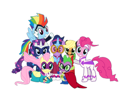 Size: 1200x980 | Tagged: safe, artist:darbypop1, artist:j-j-bases, derpibooru import, applejack, fili-second, fluttershy, masked matter-horn, mistress marevelous, pinkie pie, radiance, rainbow dash, rarity, saddle rager, spike, twilight sparkle, zapp, dragon, earth pony, pegasus, pony, unicorn, power ponies (episode), mane seven, mane six, power ponies