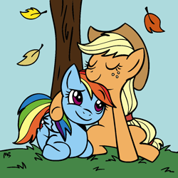 Size: 945x945 | Tagged: safe, artist:megasweet, derpibooru import, applejack, rainbow dash, earth pony, pegasus, pony, appledash, artifact, colored, eyes closed, female, hug, leaves, lesbian, shipping, tree