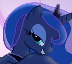 Size: 668x599 | Tagged: safe, screencap, princess luna, alicorn, pony, to where and back again, bedroom eyes, cropped, female, lidded eyes, looking at you, mare, smiling, solo