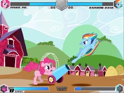 Size: 640x481 | Tagged: safe, derpibooru import, pinkie pie, rainbow dash, earth pony, pegasus, pony, fighting is magic, female, mare, party cannon
