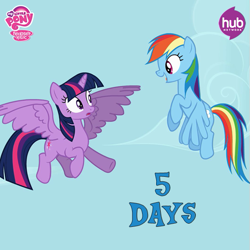 Size: 549x550 | Tagged: safe, rainbow dash, twilight sparkle, twilight sparkle (alicorn), alicorn, pegasus, pony, season 4, countdown, female, flying lesson, hub logo, mare, the hub