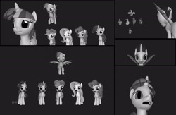 Size: 2312x1512 | Tagged: safe, derpibooru import, applejack, fluttershy, pinkie pie, rainbow dash, rarity, twilight sparkle, twilight sparkle (alicorn), alicorn, bat pony, earth pony, pony, pony creator, 3d, black background, female, grayscale, mane six, mare, monochrome, ponylumen, simple background, twibat