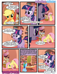 Size: 956x1237 | Tagged: safe, artist:somepony, derpibooru import, applejack, fluttershy, rainbow dash, twilight sparkle, earth pony, pegasus, pony, building bridges, comic, female, golden oaks library, lesbian, shipping, twidash