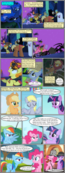 Size: 600x1592 | Tagged: safe, artist:dragontrainer13, artist:newbiespud, edit, edited screencap, screencap, applejack, carrot top, cherry berry, derpy hooves, golden harvest, pinkie pie, princess luna, rainbow dash, sunshower raindrops, twilight sparkle, unicorn twilight, alicorn, earth pony, pegasus, pony, spider, unicorn, collaboration, comic:friendship is dragons, angry, animal costume, annoyed, background pony, bedsheet ghost, bee costume, bubble pipe, cauldron, clothes, comic, costume, crossed arms, dancing, devil horns, dialogue, ethereal mane, eyes closed, female, hat, helmet, hoof shoes, horned helmet, male, mare, night, paper bag, scared, screencap comic, shrug, smiling, stallion, starry mane, stars, unamused, viking helmet