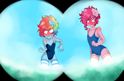 Size: 900x586 | Tagged: safe, artist:arantzitahermoxa, derpibooru import, bubble berry, pinkie pie, rainbow blitz, rainbow dash, anthro, binoculars, clothes, crossdressing, one-piece swimsuit, rule 63, school swimsuit, swimsuit