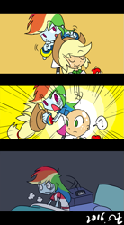 Size: 495x900 | Tagged: safe, artist:rvceric, derpibooru import, applejack, rainbow dash, equestria girls, apple, applejack's hat, bald, catapult nightmare, comic, dream, food, hat, question mark, wig