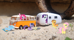 Size: 3420x1840 | Tagged: safe, artist:bushinio, derpibooru import, applejack, fluttershy, pinkie pie, rainbow dash, rarity, twilight sparkle, earth pony, pegasus, pony, unicorn, beach, bus, car, mane six, ponies in real life, sand, toy, van, vector, volkswagen, volkswagen type 2