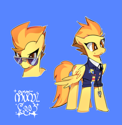 Size: 1131x1152 | Tagged: safe, artist:dusty-munji, spitfire, pegasus, pony, blue background, clothes, female, mare, simple background, solo, sunglasses, uniform, whistle, wonderbolts uniform