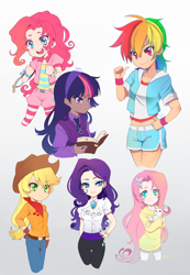 Size: 824x1188 | Tagged: safe, artist:shiroiangelz, derpibooru import, angel bunny, applejack, fluttershy, pinkie pie, rainbow dash, rarity, twilight sparkle, animal, bandana, belly button, clothes, cravat, gloves, humanized, jabot, mane six, midriff, shorts, sketch dump, sweater, sweatershy, vest, wristband