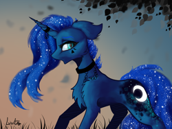 Size: 4128x3096 | Tagged: safe, artist:livitoza, princess luna, alicorn, pony, alternate hairstyle, cheek fluff, chest fluff, collar, digital art, female, horn, horn piercing, horn ring, mare, piercing, shoulder fluff, solo, tree, wingless