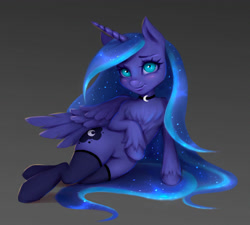 Size: 2985x2685 | Tagged: safe, artist:kayav_art, princess luna, alicorn, pony, semi-anthro, blushing, chest fluff, choker, clothes, cute, disproportional anatomy, eyeshadow, female, gray background, looking at you, makeup, mare, simple background, smiling, solo, stockings, thigh highs, unshorn fetlocks