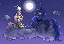 Size: 1800x1246 | Tagged: safe, artist:king-kakapo, angel bunny, fluttershy, princess luna, alicorn, pegasus, pony, rabbit, animal, cloud, curved horn, cute, digital art, eating, female, food, full moon, glowing horn, horn, lunabetes, lying on a cloud, magic, male, mare, moon, mooncake, night, night sky, open mouth, prone, shyabetes, sky, stars, telekinesis, tongue out, trio