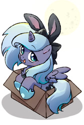 Size: 801x1200 | Tagged: safe, artist:yukandasama, princess luna, alicorn, pony, bow, box, bunny ears, cookie, crown, cute, female, filly, food, hoof shoes, jewelry, lunabetes, open mouth, pixiv, pony in a box, regalia, simple background, solo, white background, woona, younger