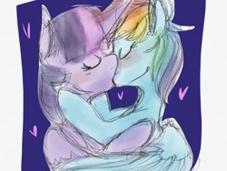 Size: 1024x768 | Tagged: safe, artist:supernoncutie, rainbow dash, twilight sparkle, twilight sparkle (alicorn), alicorn, pegasus, pony, female, heart, kissing, lesbian, mare, shipping, sketch, twidash