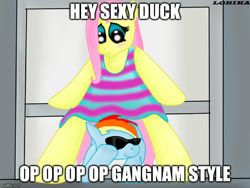 Size: 666x500 | Tagged: safe, derpibooru import, fluttershy, rainbow dash, pegasus, pony, gangnam style, op is a cuck