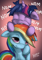 Size: 707x1000 | Tagged: safe, artist:clopplots, derpibooru import, rainbow dash, twilight sparkle, pegasus, pony, female, floppy ears, lesbian, nom, shipping, twidash