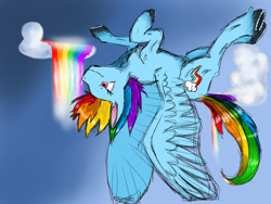 Size: 1280x960 | Tagged: dead source, safe, artist:leamarto, derpibooru import, rainbow dash, pegasus, pony, solo, upside down